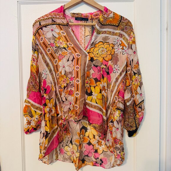 LOLA Italian Silk Blend Floral Blouse - L - Picture 1 of 6